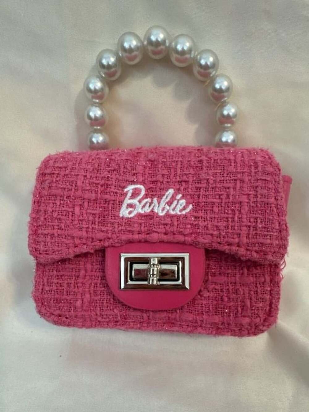 Barbie Pink Tweed Mini Flap Handbag with Pearl Handle and Chain